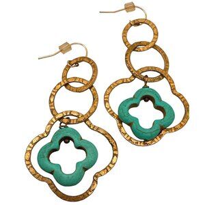 Boho Chic Blue Howlite Dangle Earrings Brass Quatrefoils Clover Hippie